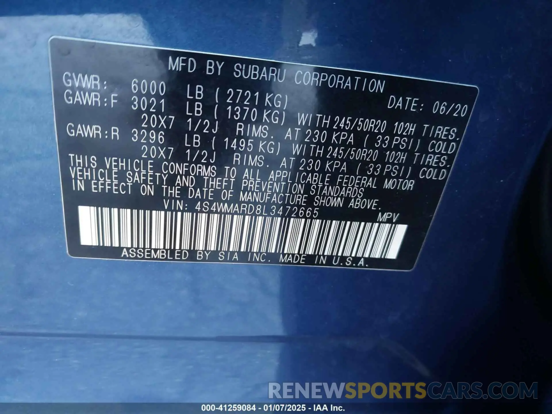 9 fotografías del automóvil dañado 4S4WMARD8L3472665 SUBARU ASCENT 2020