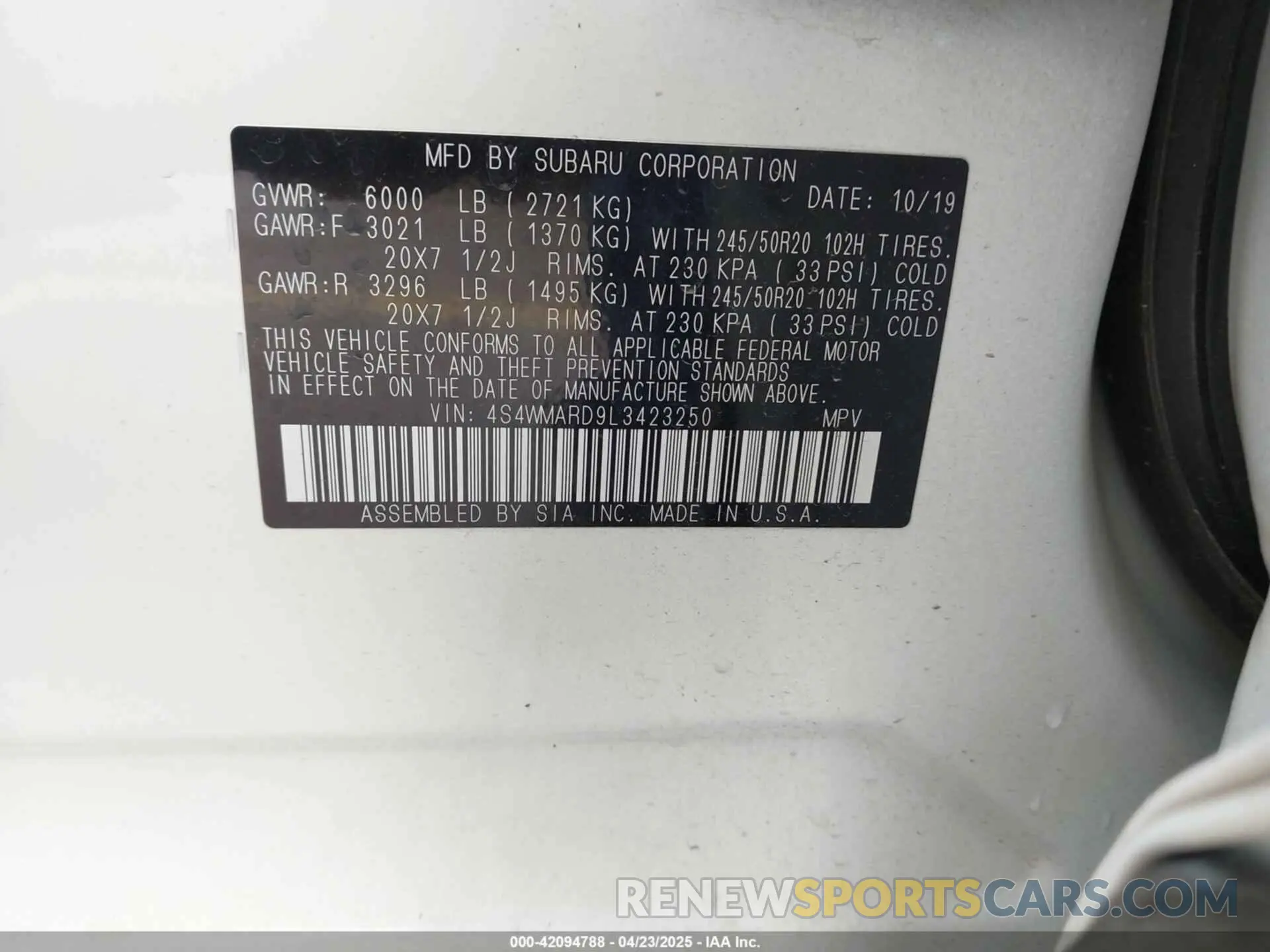 9 fotografías del automóvil dañado 4S4WMARD9L3423250 SUBARU ASCENT 2020