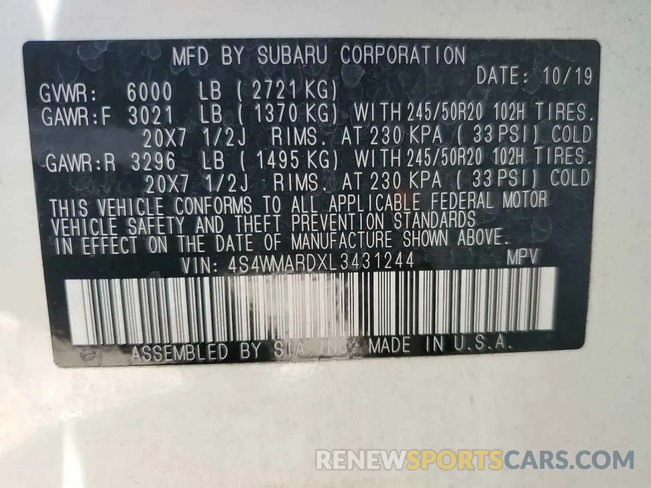 13 fotografías del automóvil dañado 4S4WMARDXL3431244 SUBARU ASCENT 2020