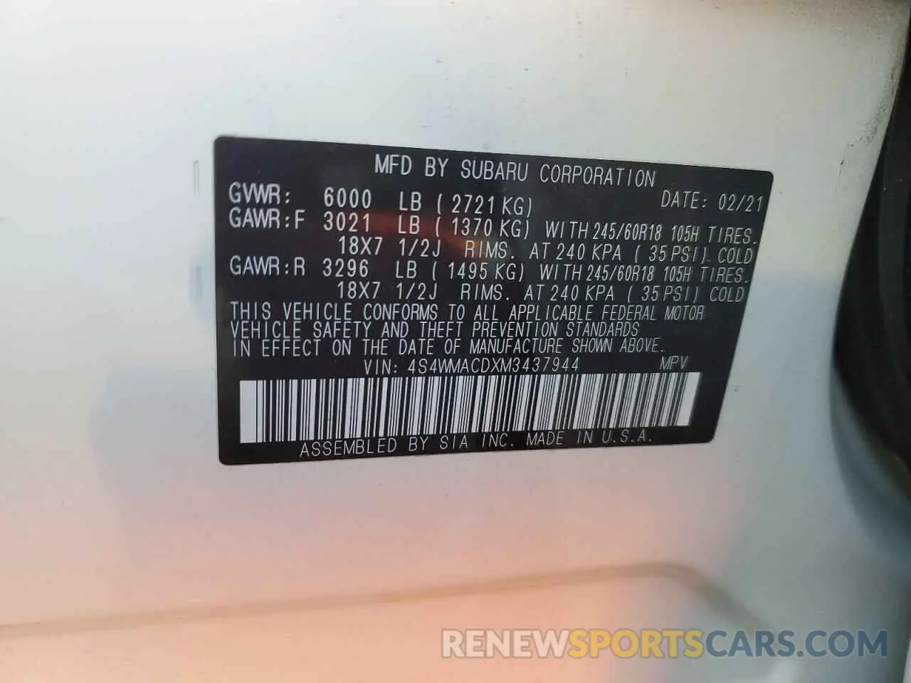13 fotografías del automóvil dañado 4S4WMACDXM3437944 SUBARU ASCENT 2021