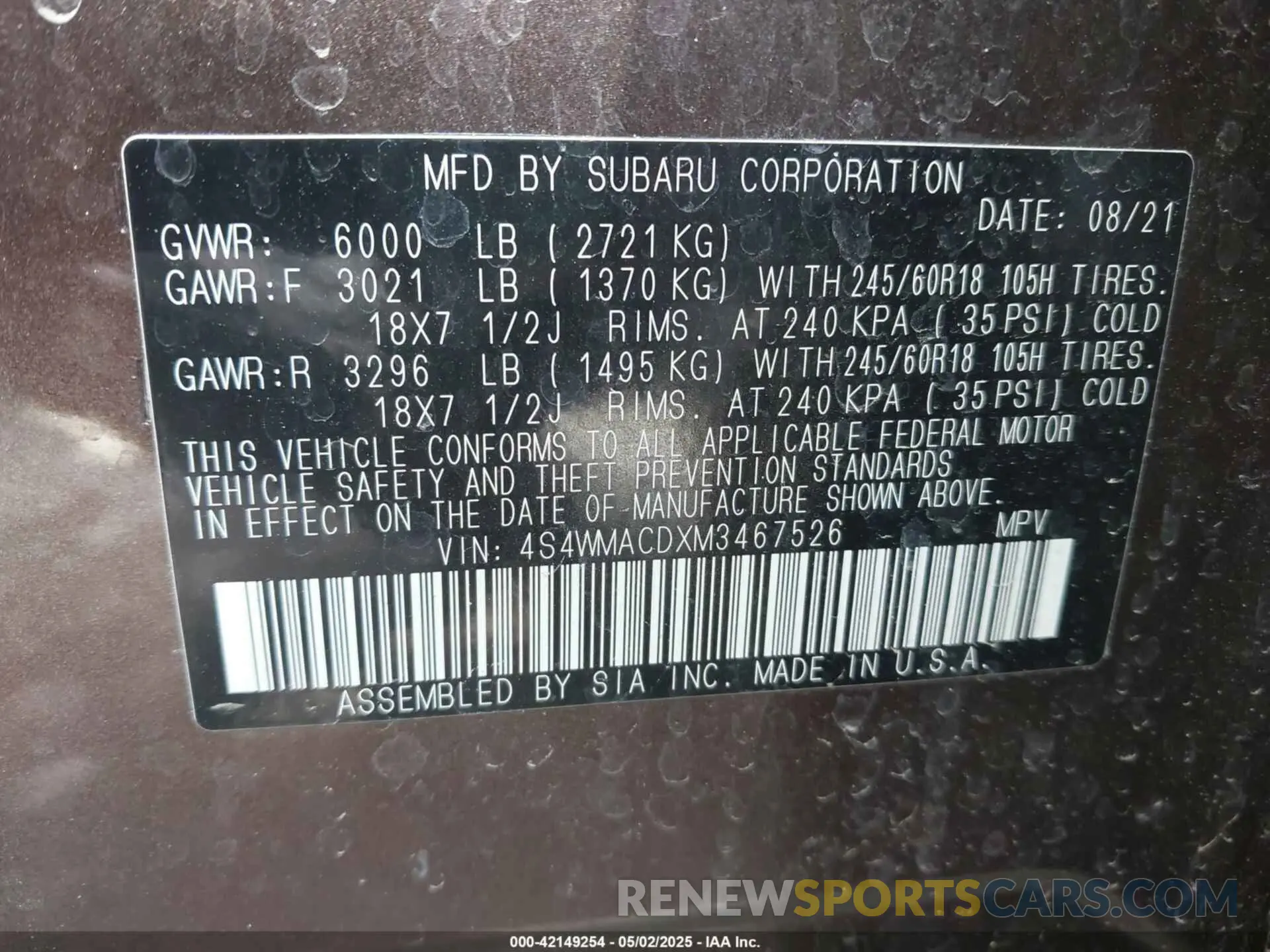 9 fotografías del automóvil dañado 4S4WMACDXM3467526 SUBARU ASCENT 2021