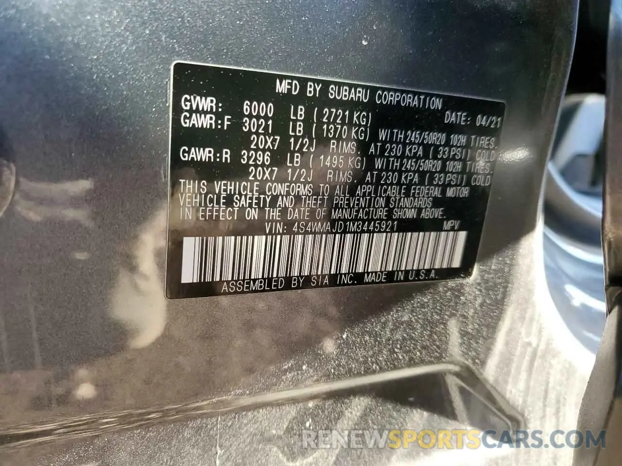 14 fotografías del automóvil dañado 4S4WMAJD1M3445921 SUBARU ASCENT 2021