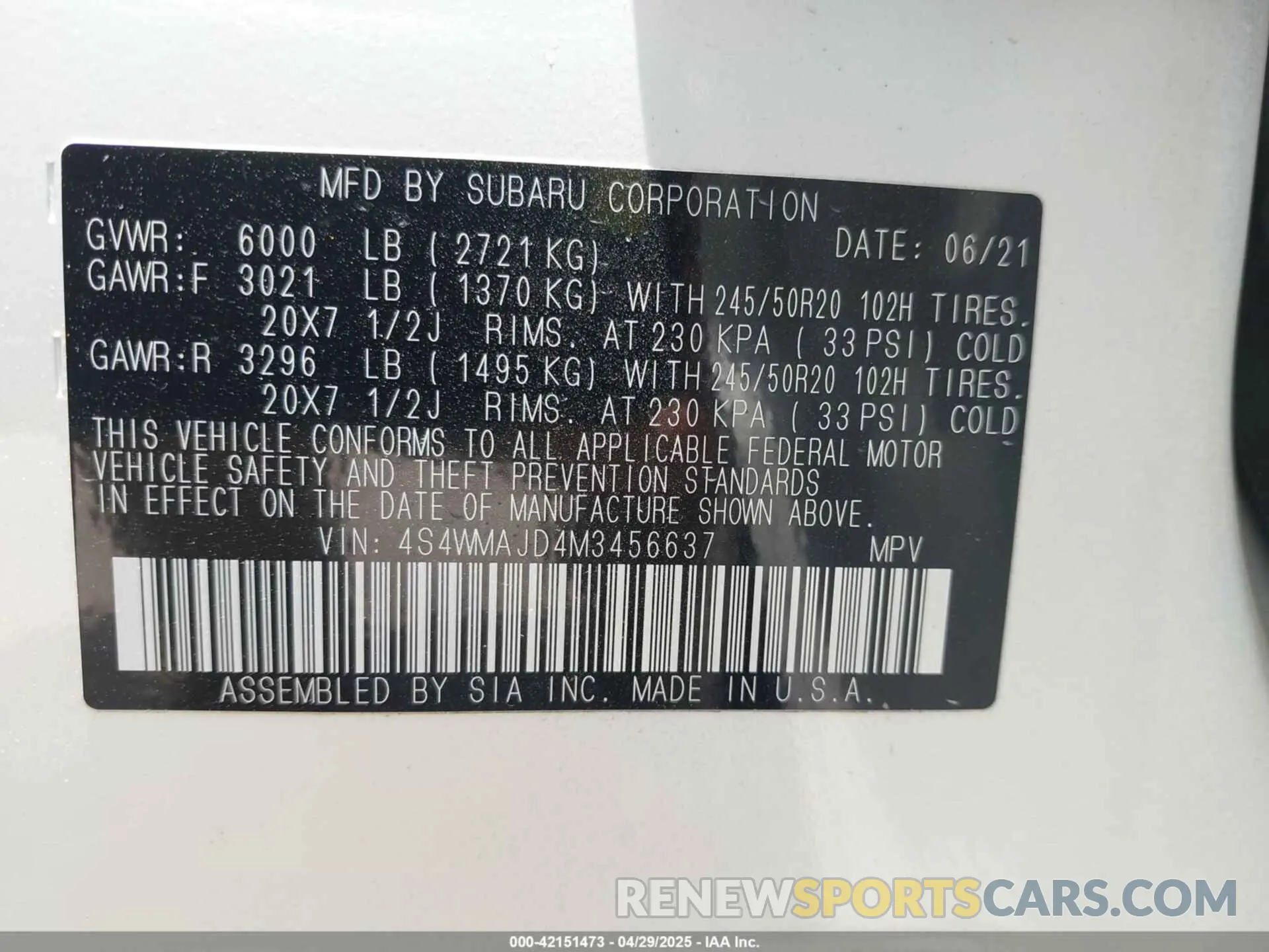 9 fotografías del automóvil dañado 4S4WMAJD4M3456637 SUBARU ASCENT 2021