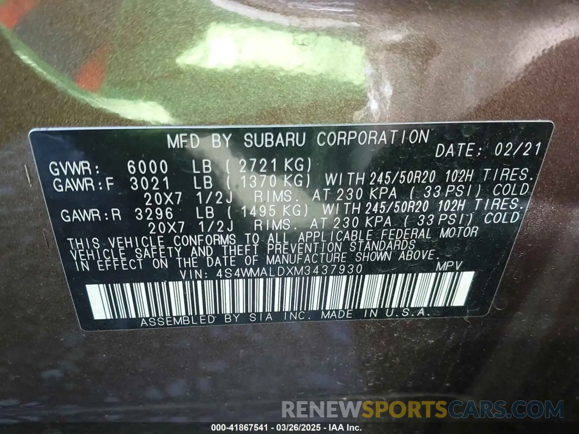 9 fotografías del automóvil dañado 4S4WMALDXM3437930 SUBARU ASCENT 2021