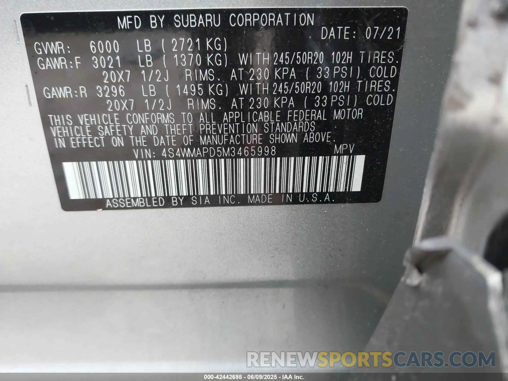 9 fotografías del automóvil dañado 4S4WMAPD5M3465998 SUBARU ASCENT 2021