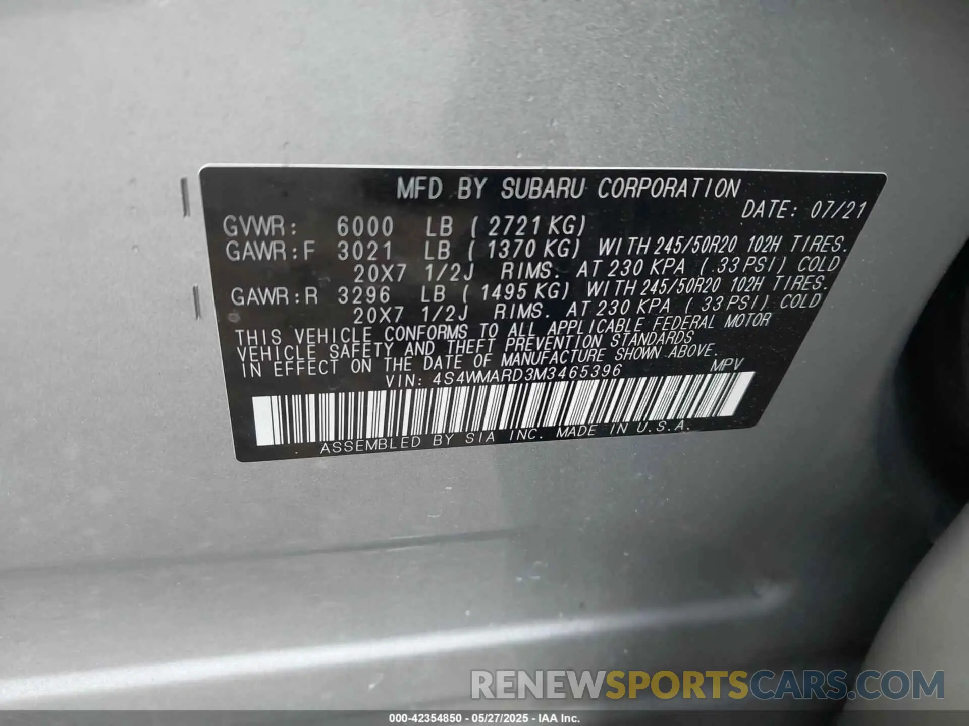 9 fotografías del automóvil dañado 4S4WMARD3M3465396 SUBARU ASCENT 2021