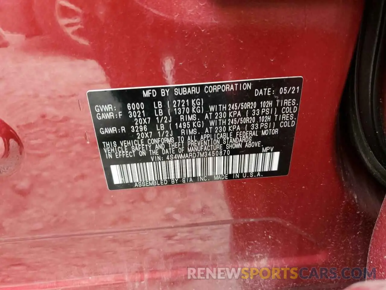 13 fotografías del automóvil dañado 4S4WMARD7M3450870 SUBARU ASCENT 2021