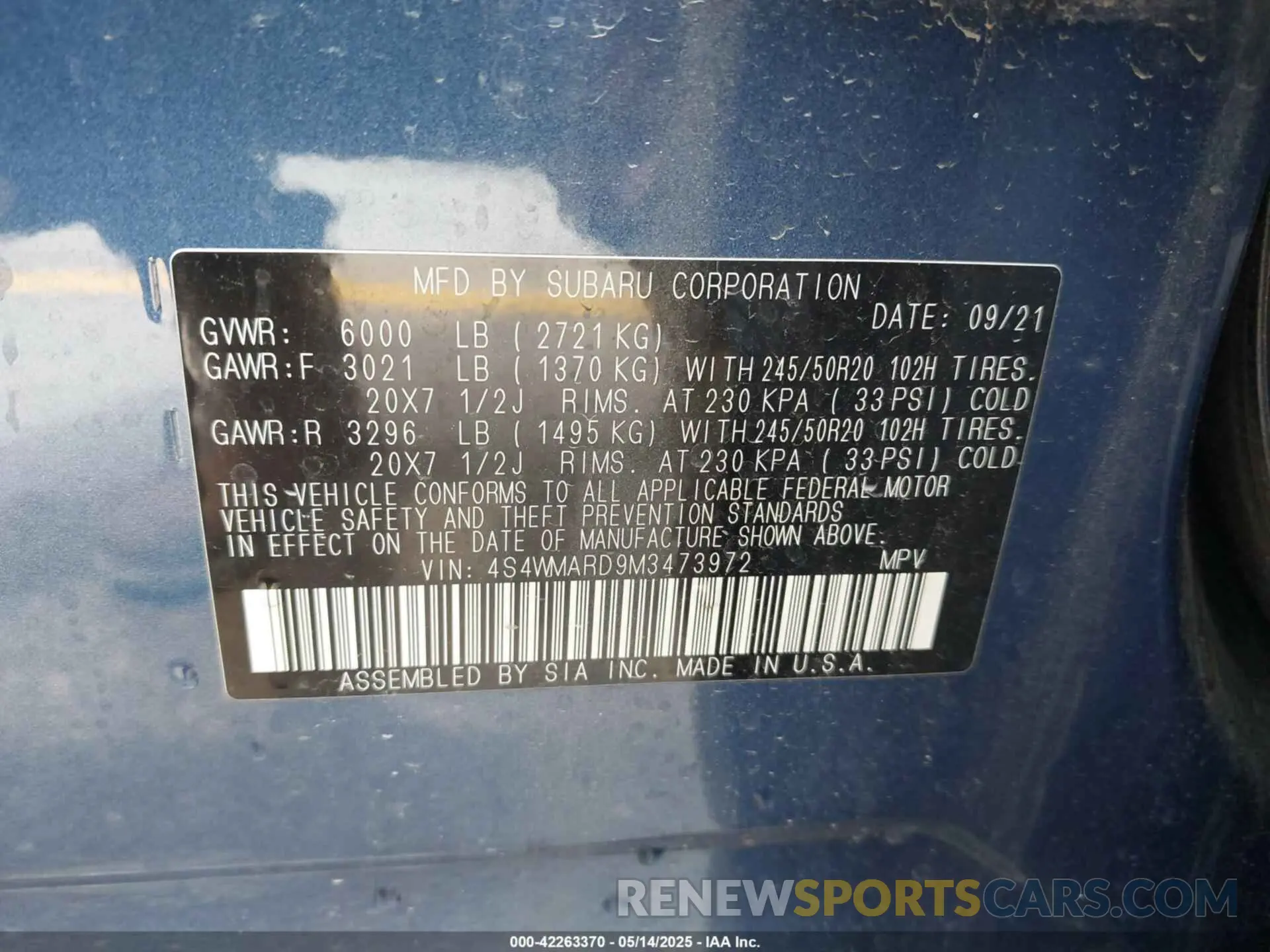 9 fotografías del automóvil dañado 4S4WMARD9M3473972 SUBARU ASCENT 2021