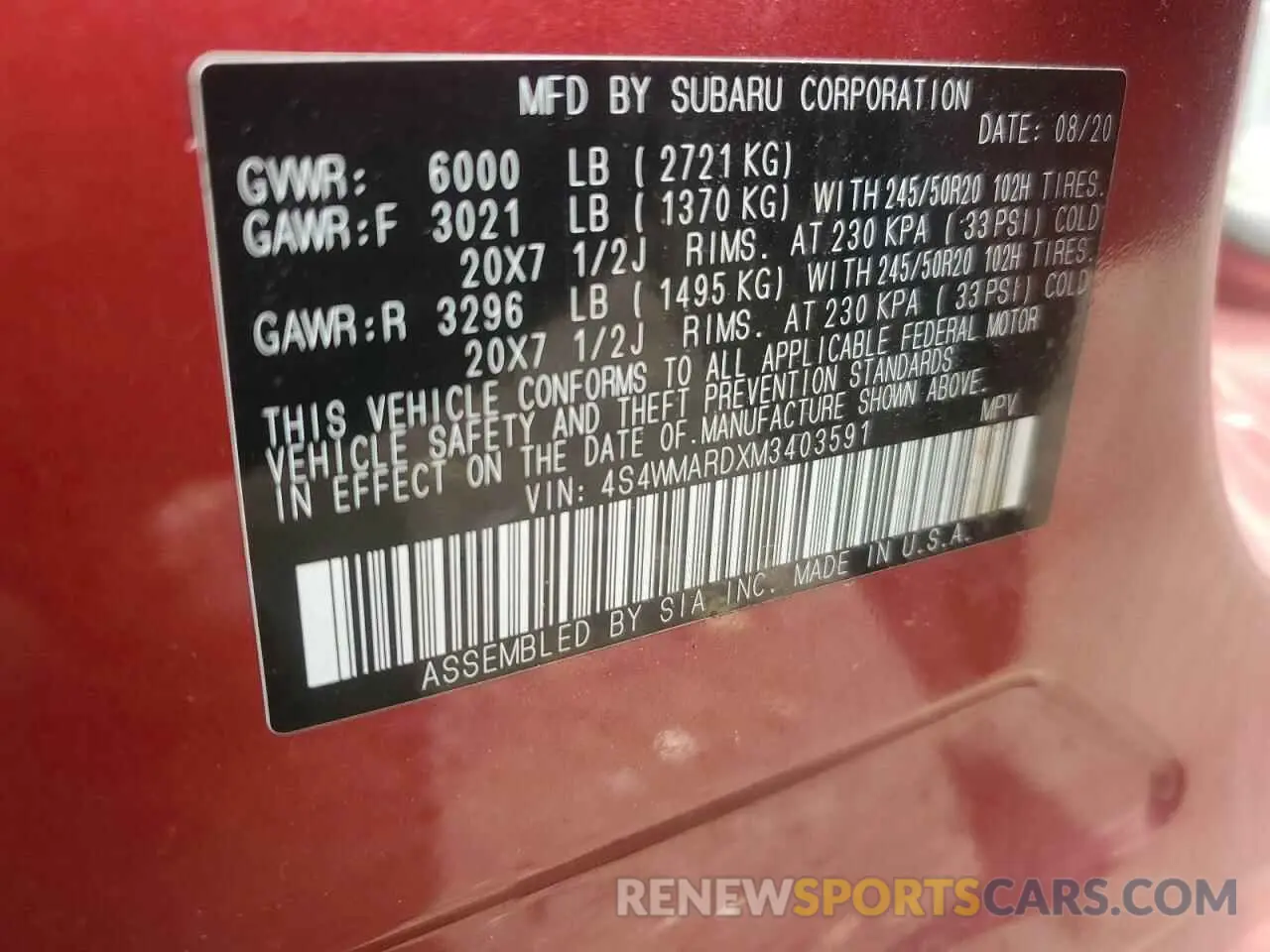 14 fotografías del automóvil dañado 4S4WMARDXM3403591 SUBARU ASCENT 2021