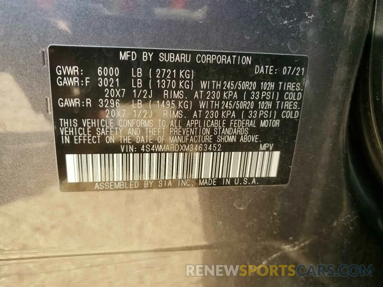13 fotografías del automóvil dañado 4S4WMARDXM3463452 SUBARU ASCENT 2021