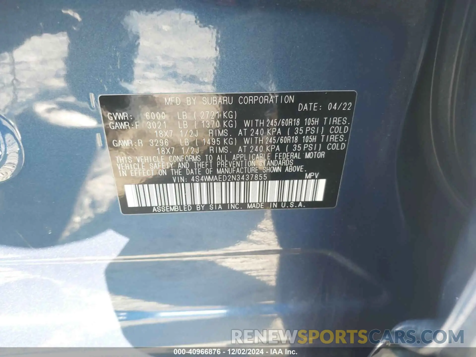 9 fotografías del automóvil dañado 4S4WMAED2N3437855 SUBARU ASCENT 2022
