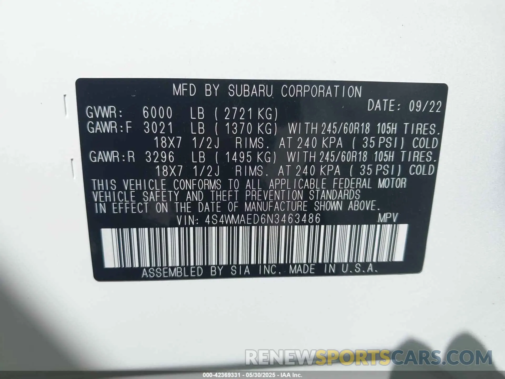 9 fotografías del automóvil dañado 4S4WMAED6N3463486 SUBARU ASCENT 2022
