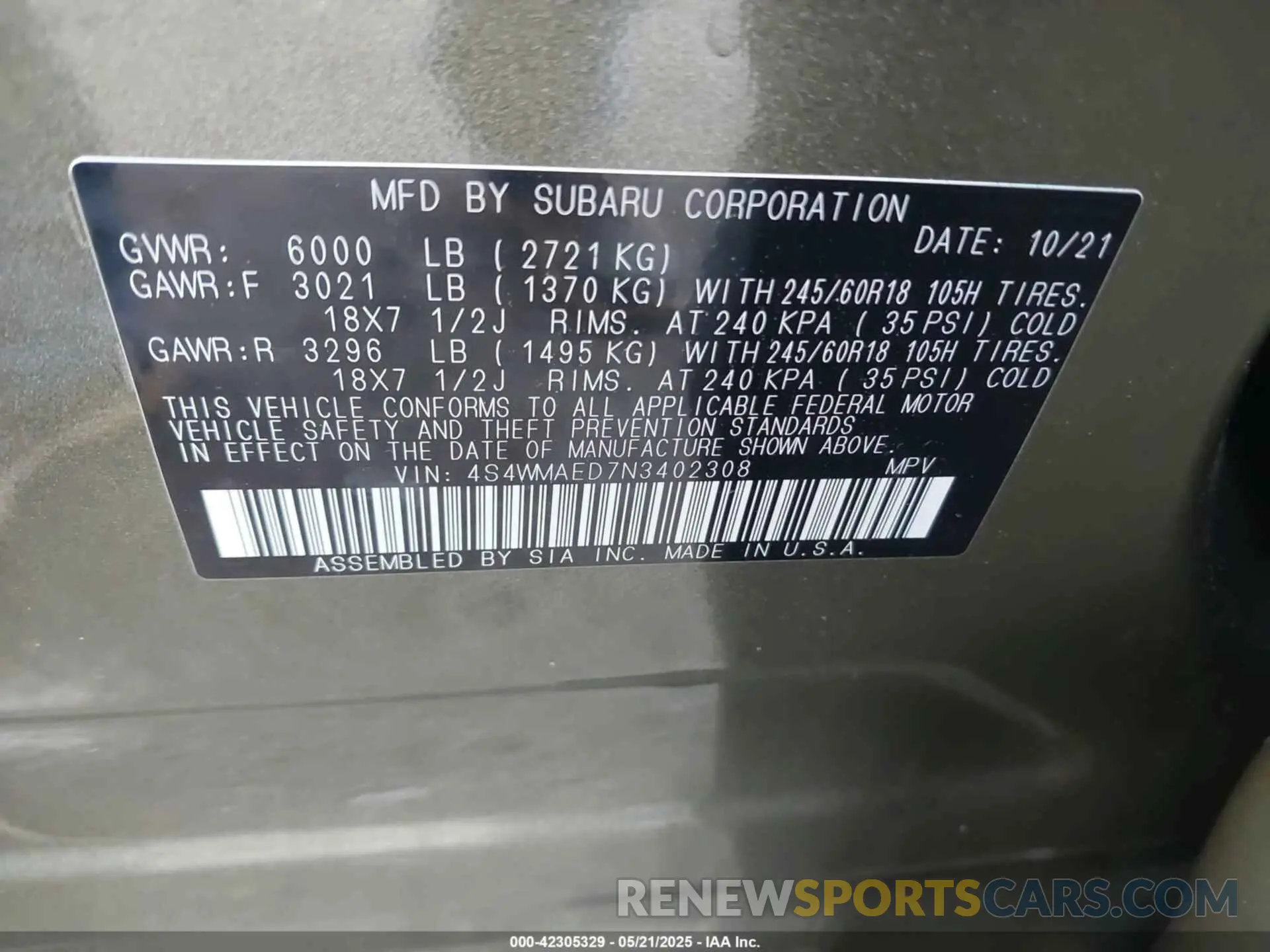 9 fotografías del automóvil dañado 4S4WMAED7N3402308 SUBARU ASCENT 2022