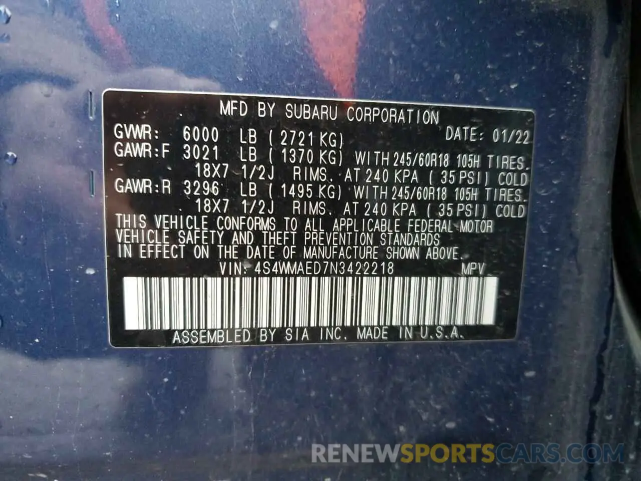 12 fotografías del automóvil dañado 4S4WMAED7N3422218 SUBARU ASCENT 2022
