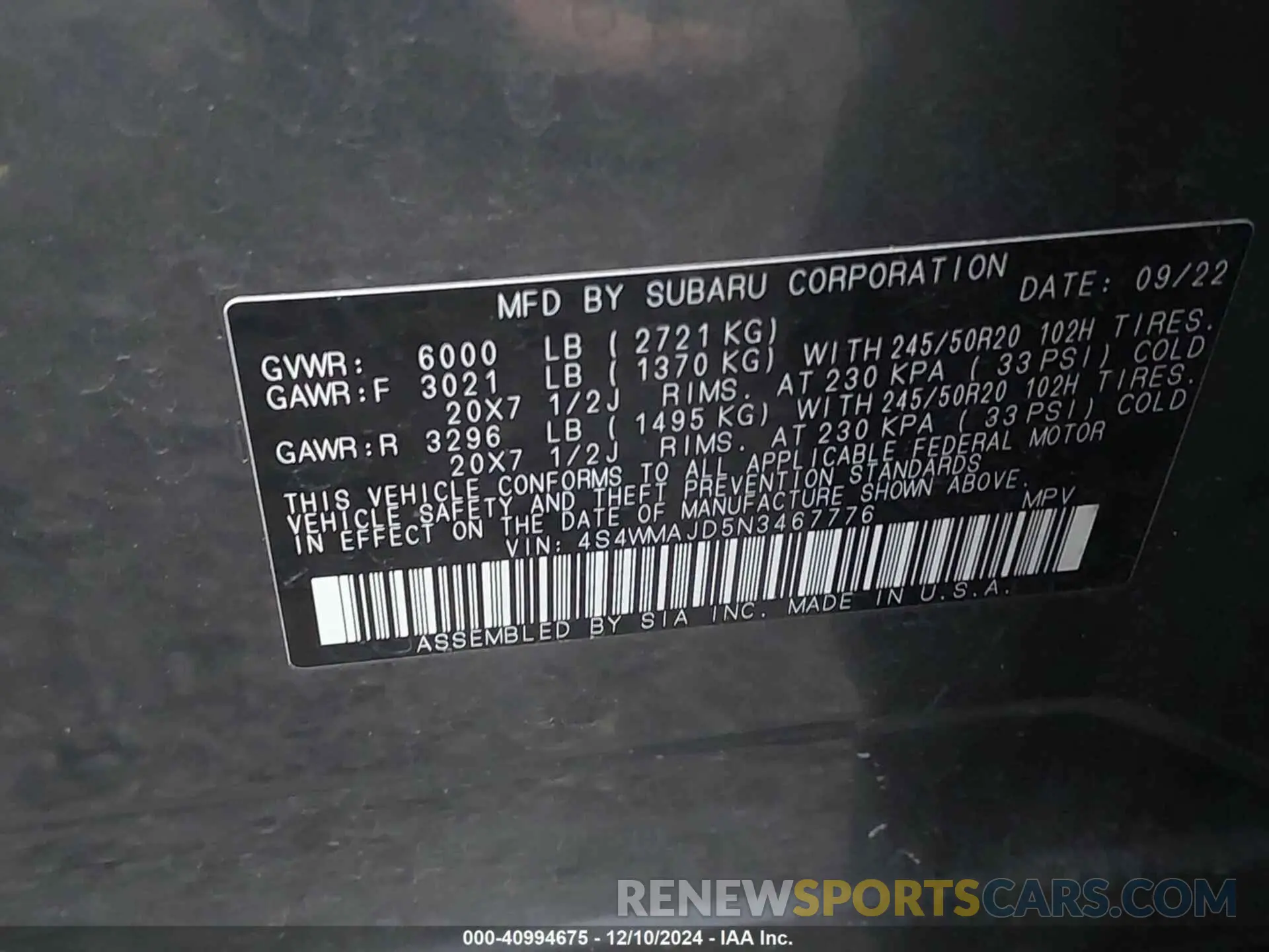 9 fotografías del automóvil dañado 4S4WMAJD5N3467776 SUBARU ASCENT 2022