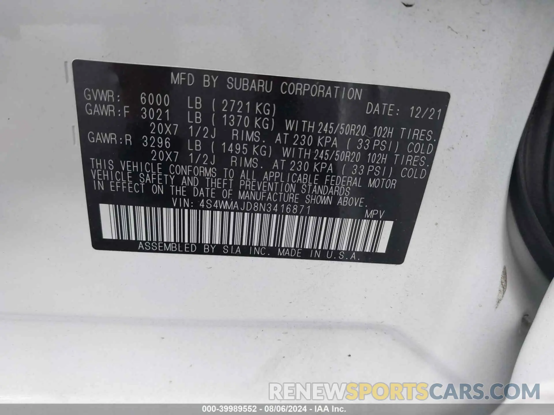 9 fotografías del automóvil dañado 4S4WMAJD8N3416871 SUBARU ASCENT 2022