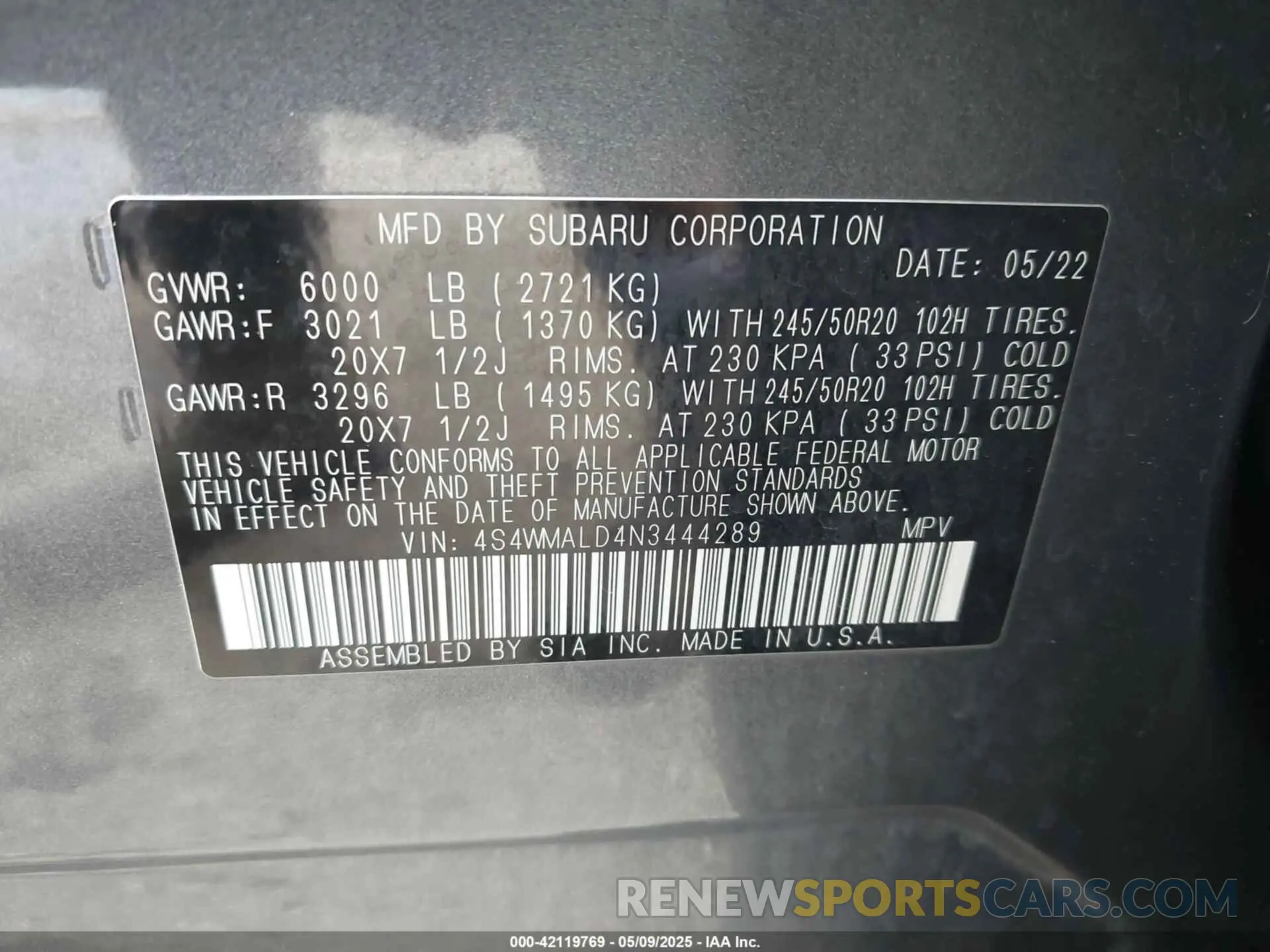 9 fotografías del automóvil dañado 4S4WMALD4N3444289 SUBARU ASCENT 2022