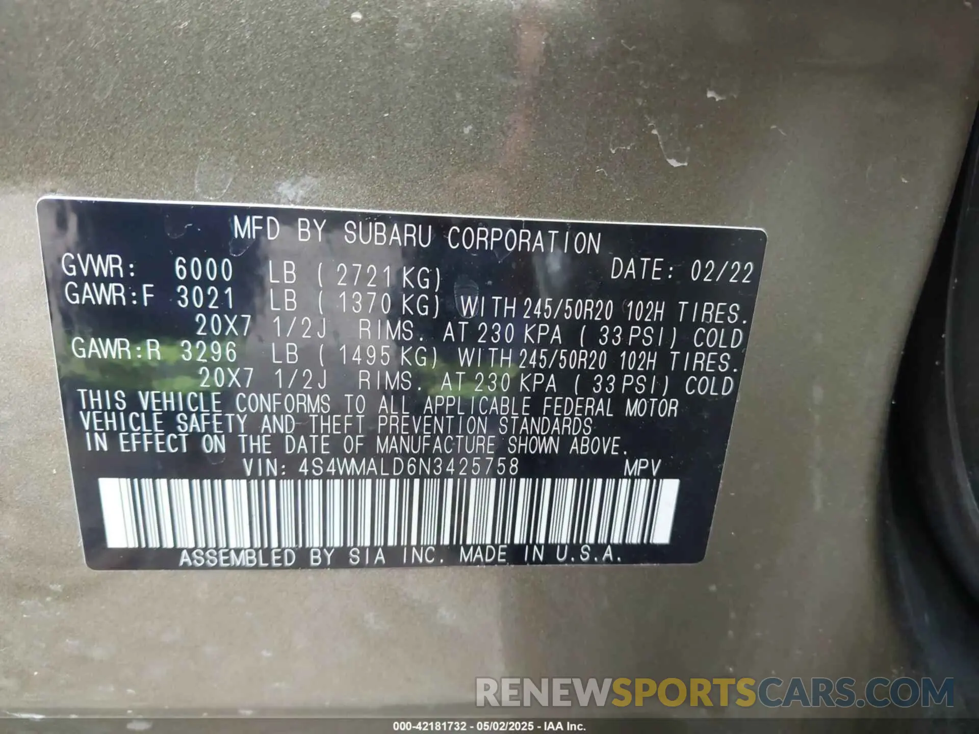 9 fotografías del automóvil dañado 4S4WMALD6N3425758 SUBARU ASCENT 2022