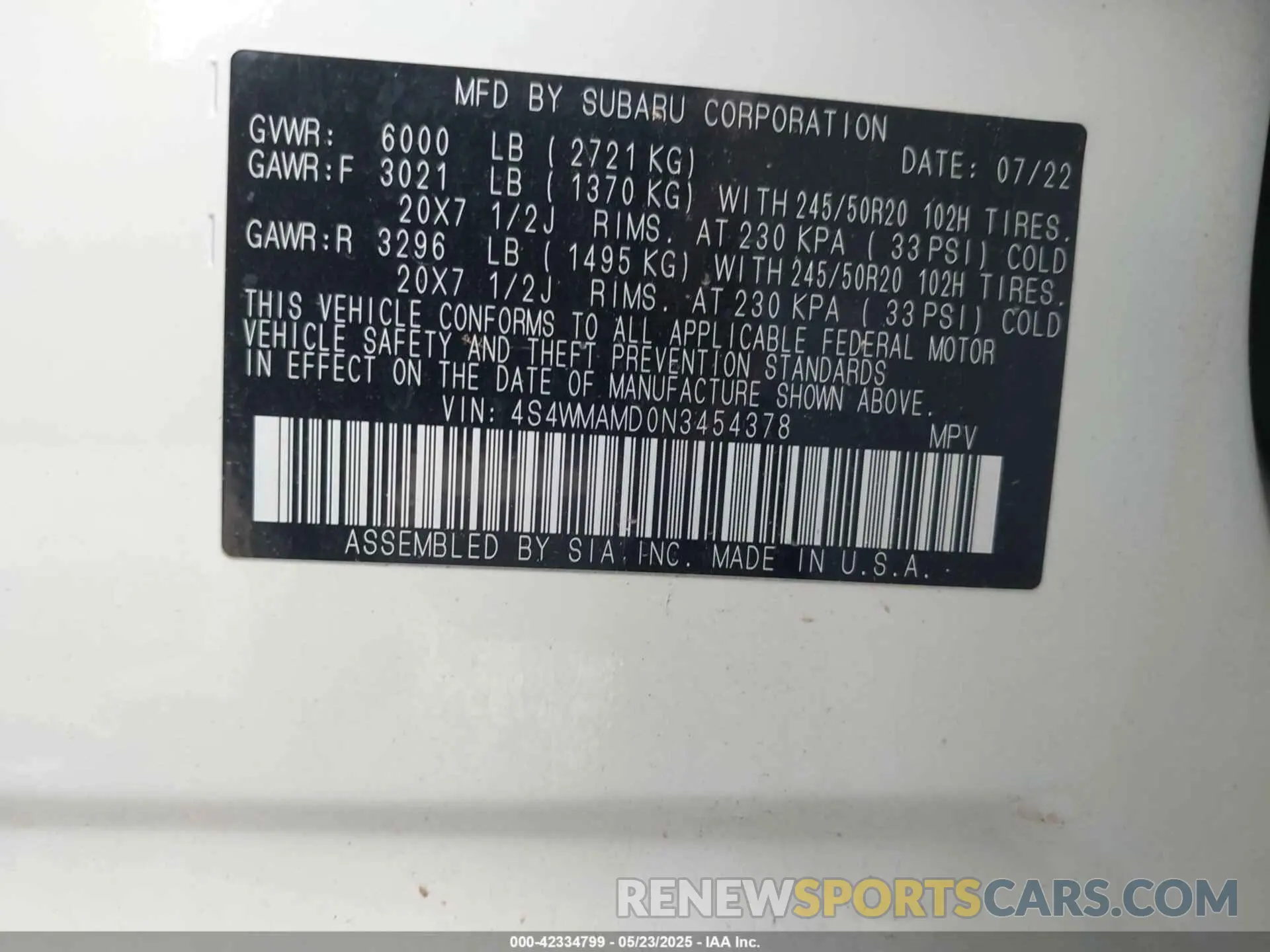 9 fotografías del automóvil dañado 4S4WMAMD0N3454378 SUBARU ASCENT 2022