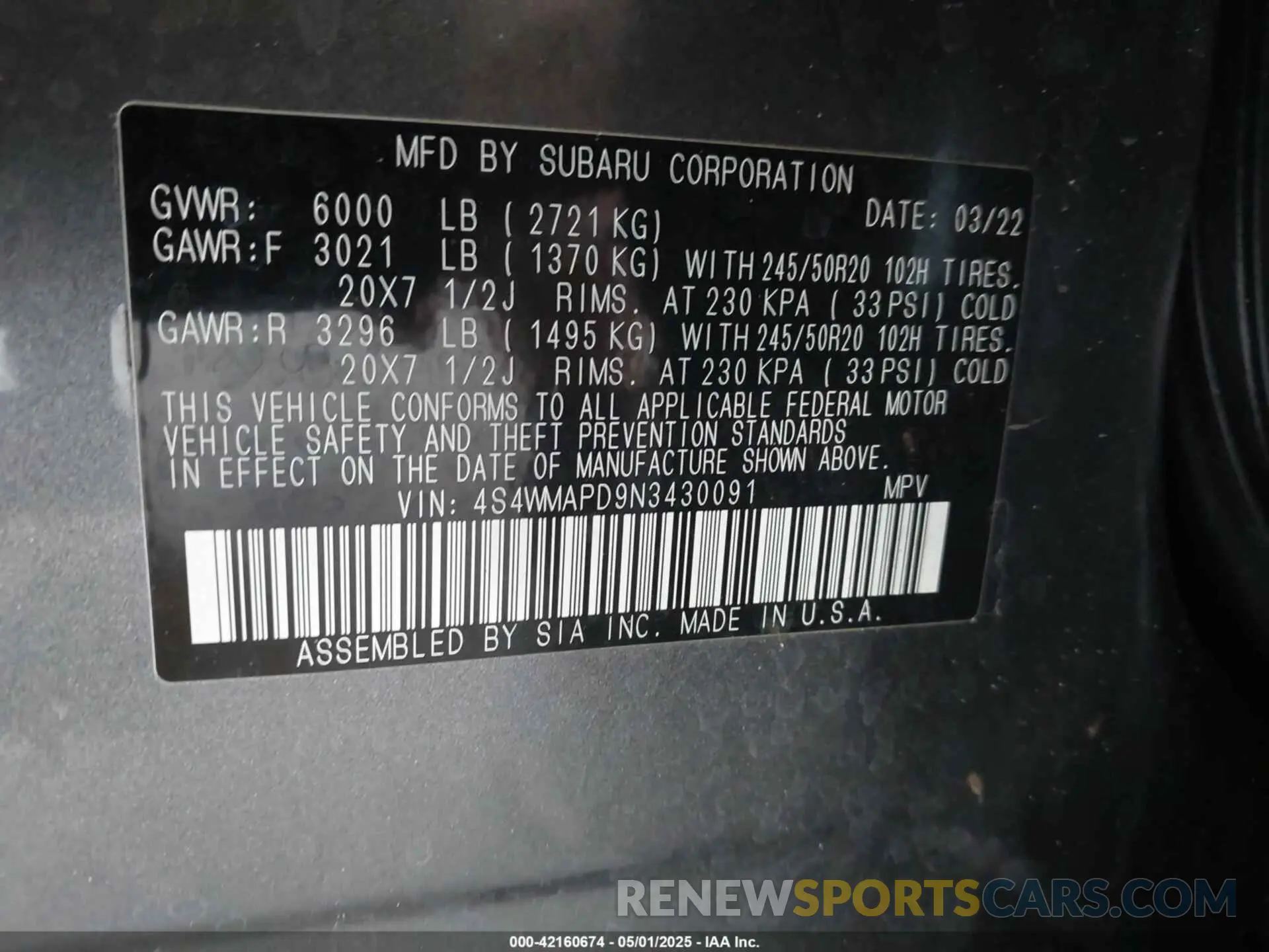 9 fotografías del automóvil dañado 4S4WMAPD9N3430091 SUBARU ASCENT 2022