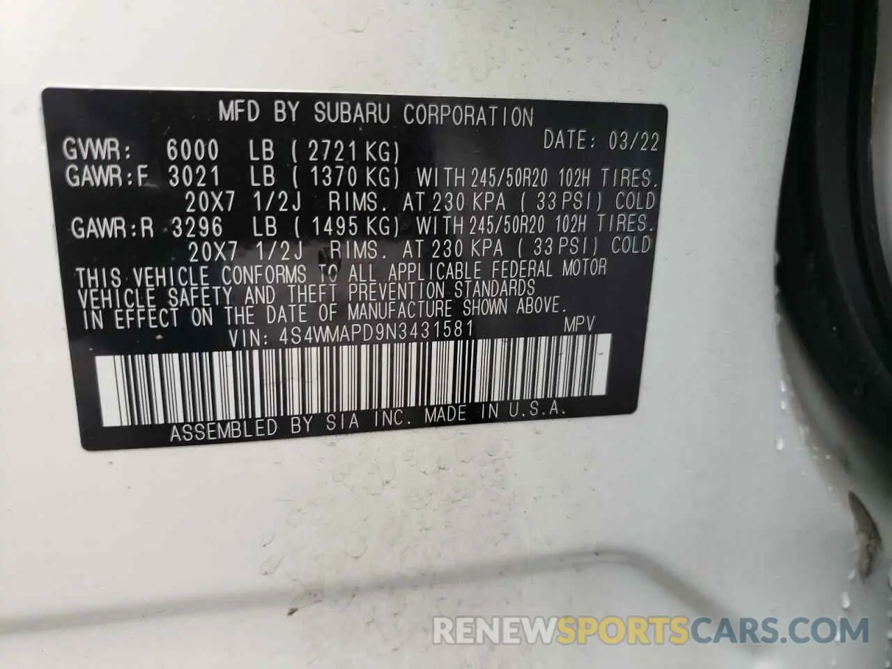 16 fotografías del automóvil dañado 4S4WMAPD9N3431581 SUBARU ASCENT 2022