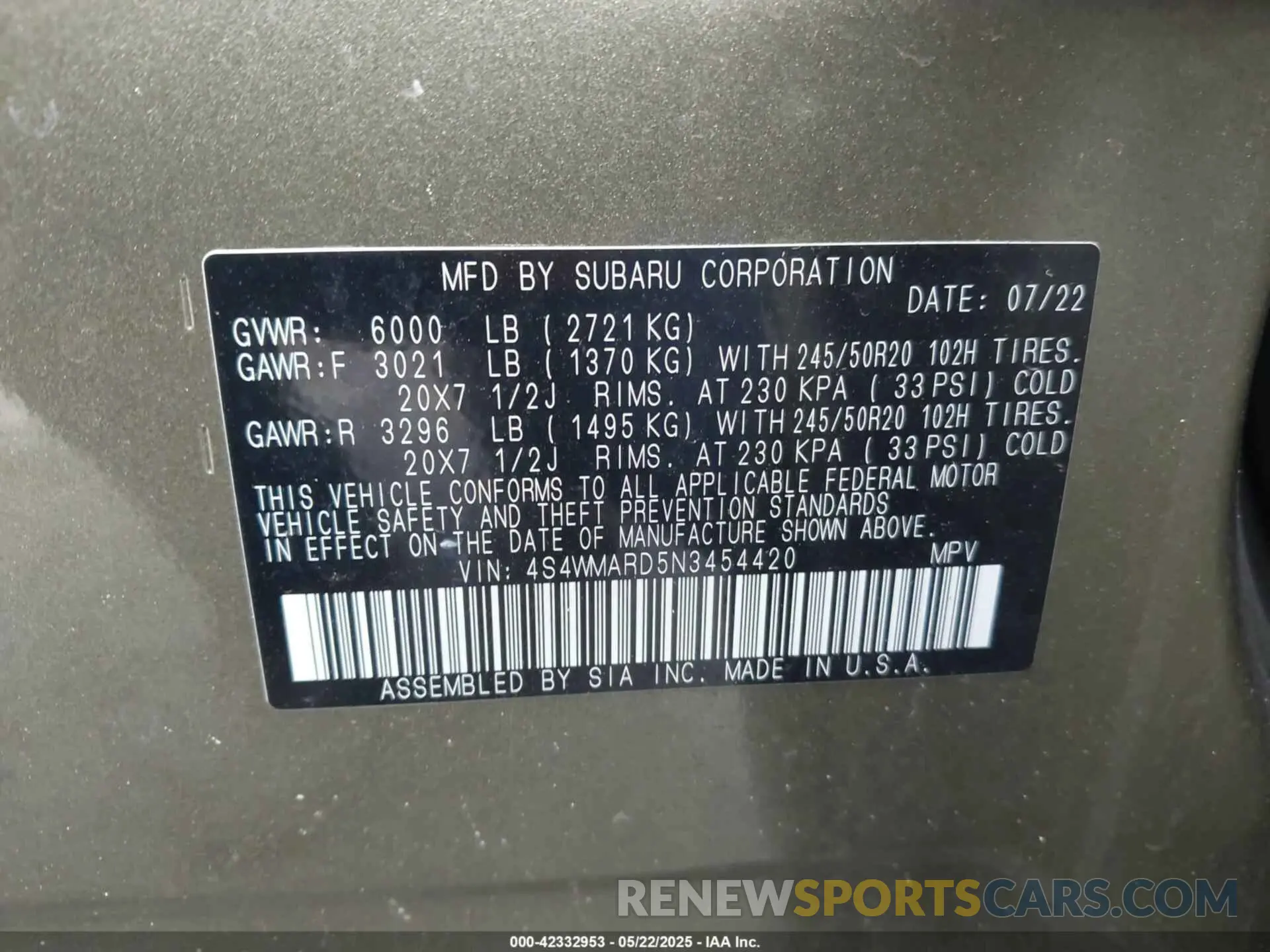 9 fotografías del automóvil dañado 4S4WMARD5N3454420 SUBARU ASCENT 2022