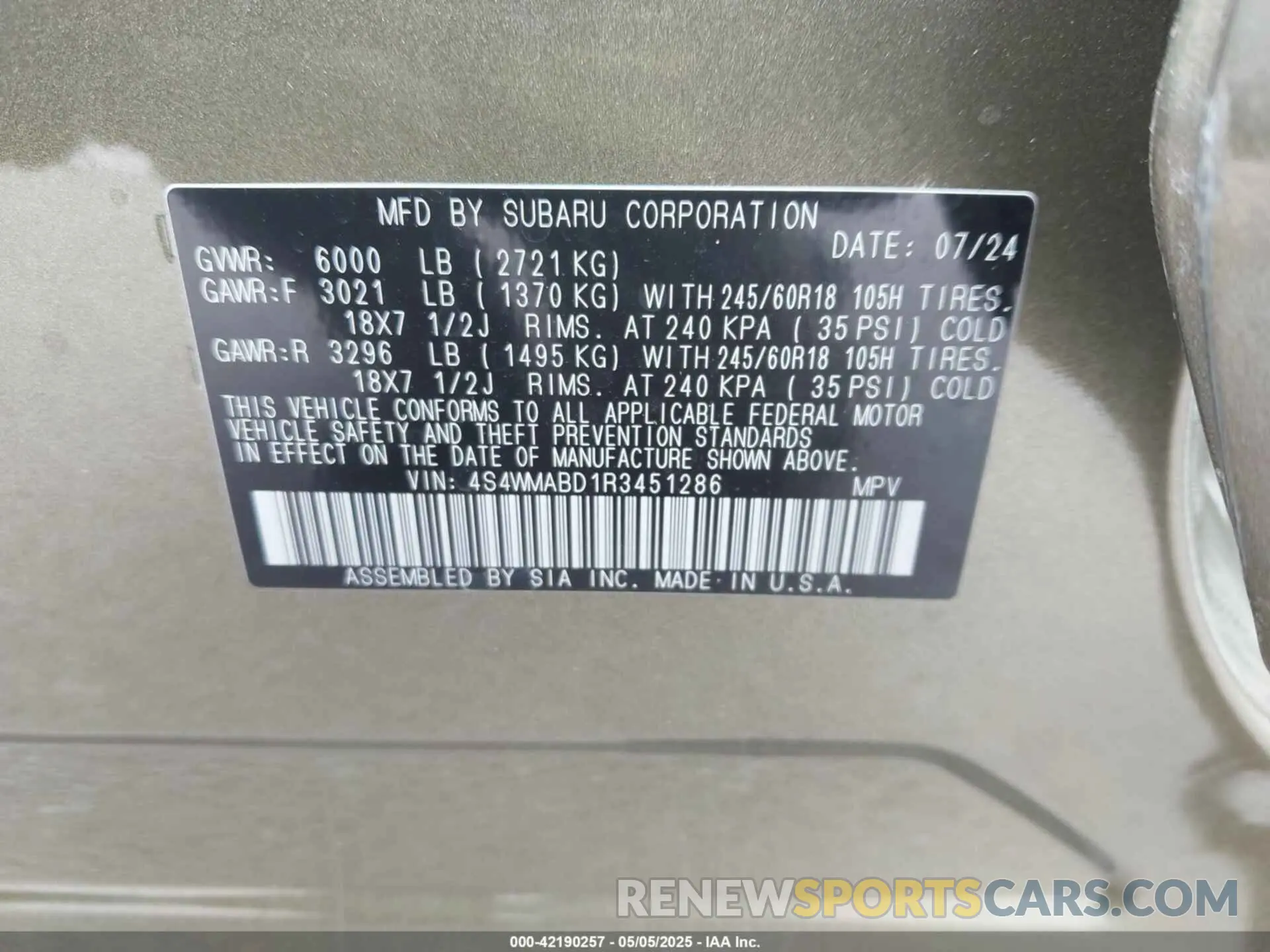 9 fotografías del automóvil dañado 4S4WMABD1R3451286 SUBARU ASCENT 2024