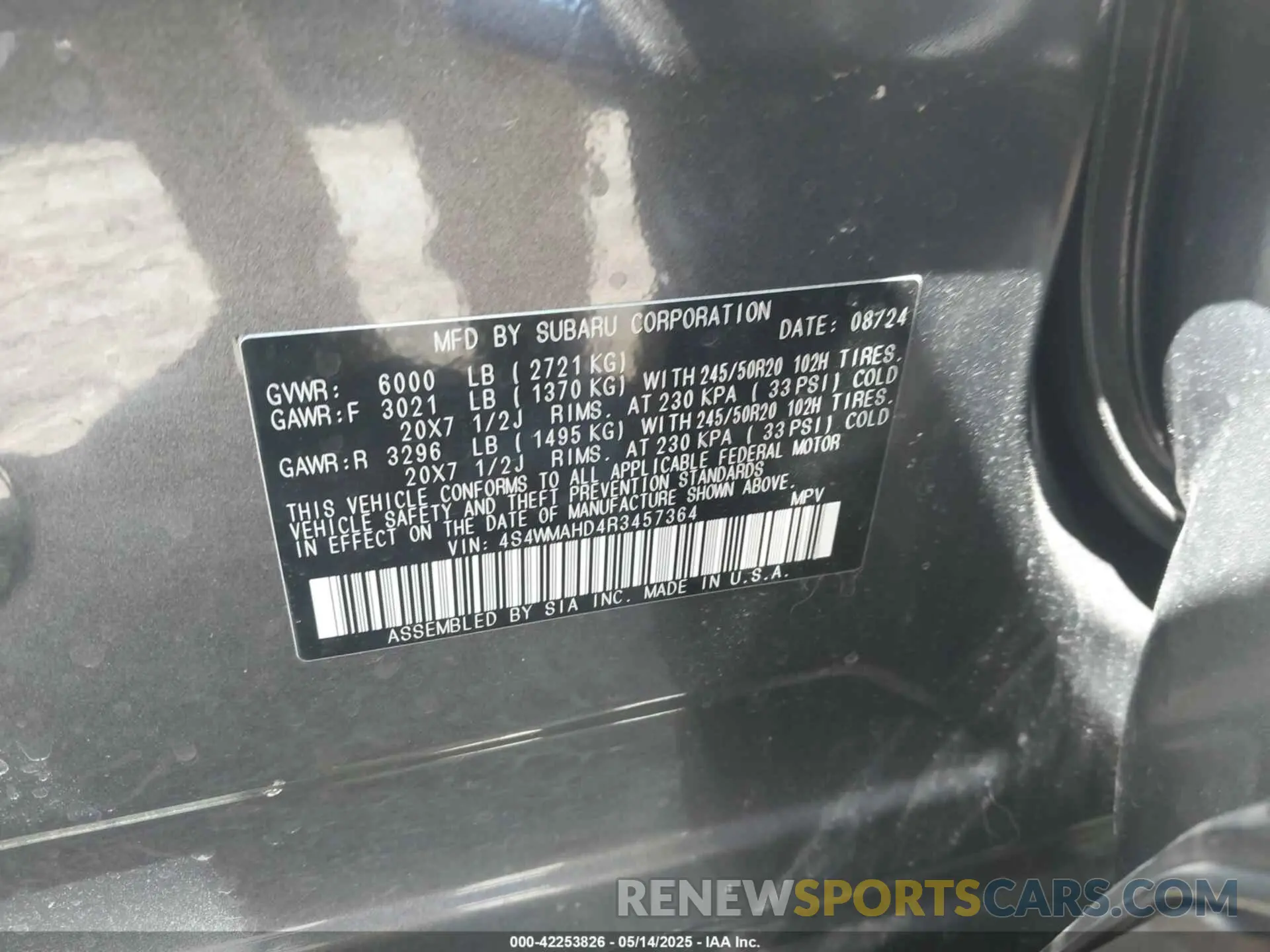 8 fotografías del automóvil dañado 4S4WMAHD4R3457364 SUBARU ASCENT 2024