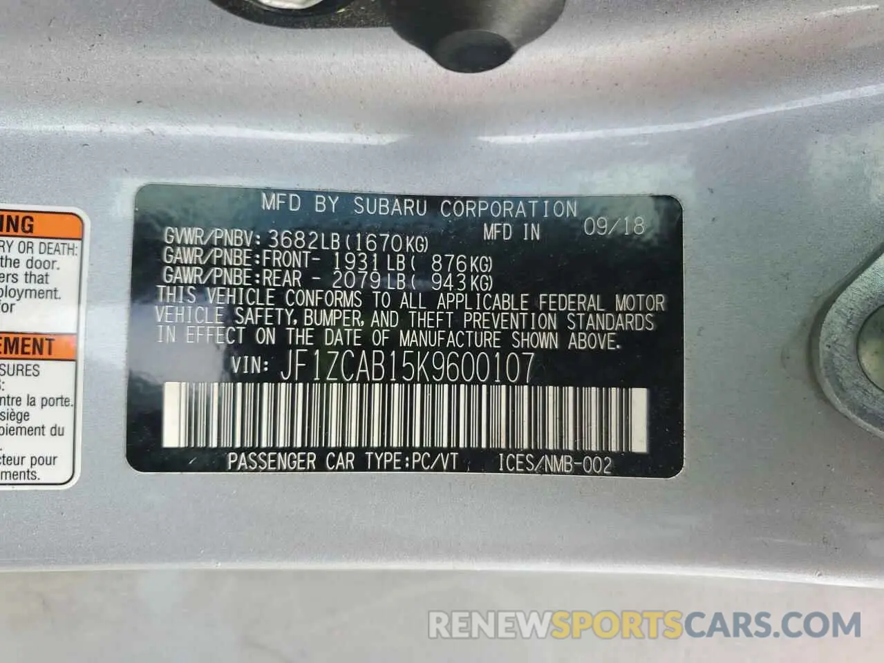 12 fotografías del automóvil dañado JF1ZCAB15K9600107 SUBARU BRZ 2019