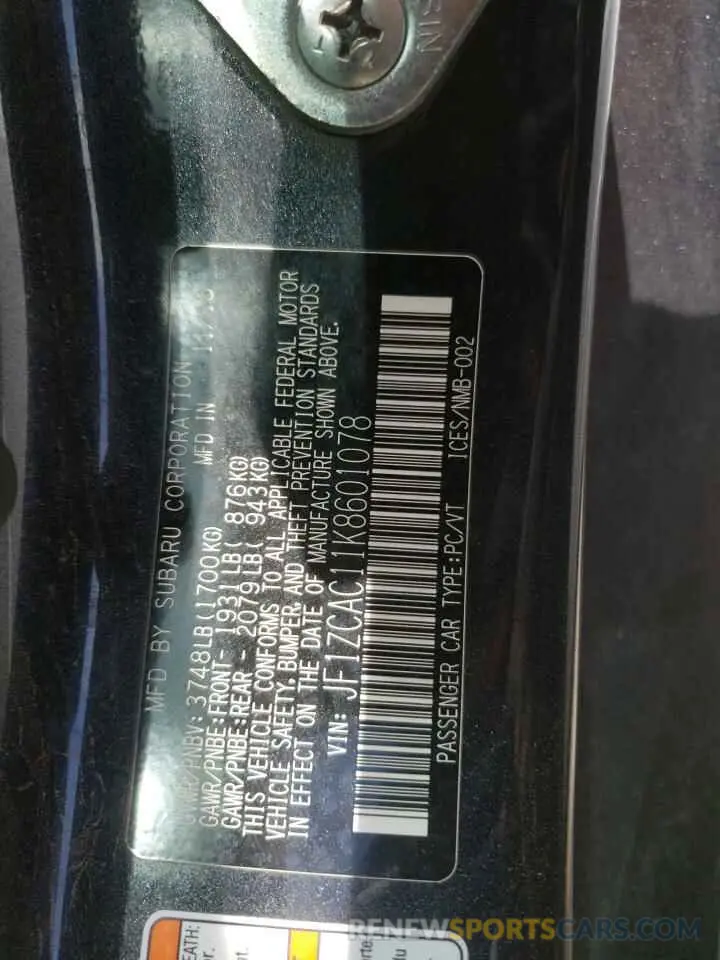 12 fotografías del automóvil dañado JF1ZCAC11K8601078 SUBARU BRZ 2019