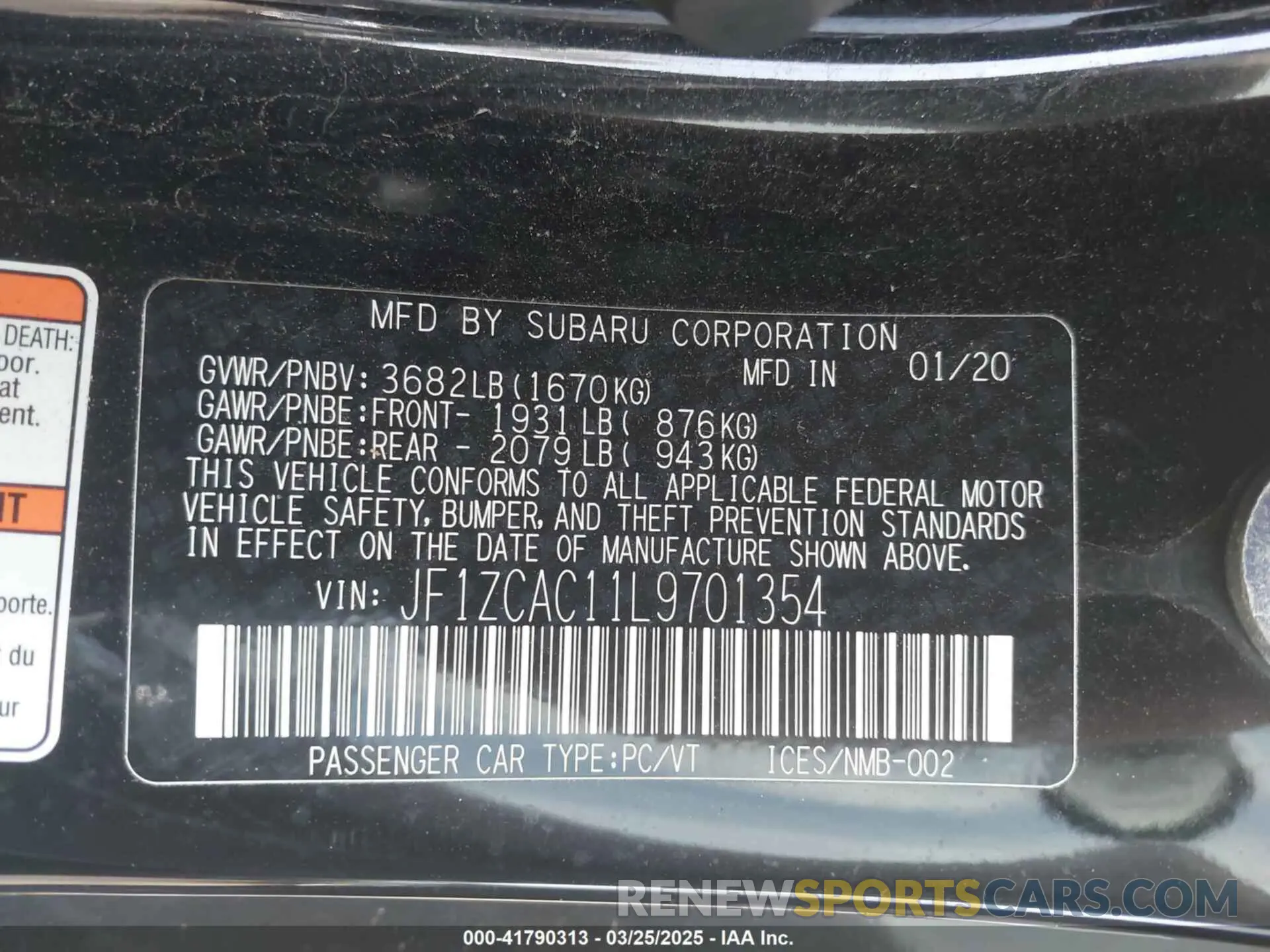 9 fotografías del automóvil dañado JF1ZCAC11L9701354 SUBARU BRZ 2020