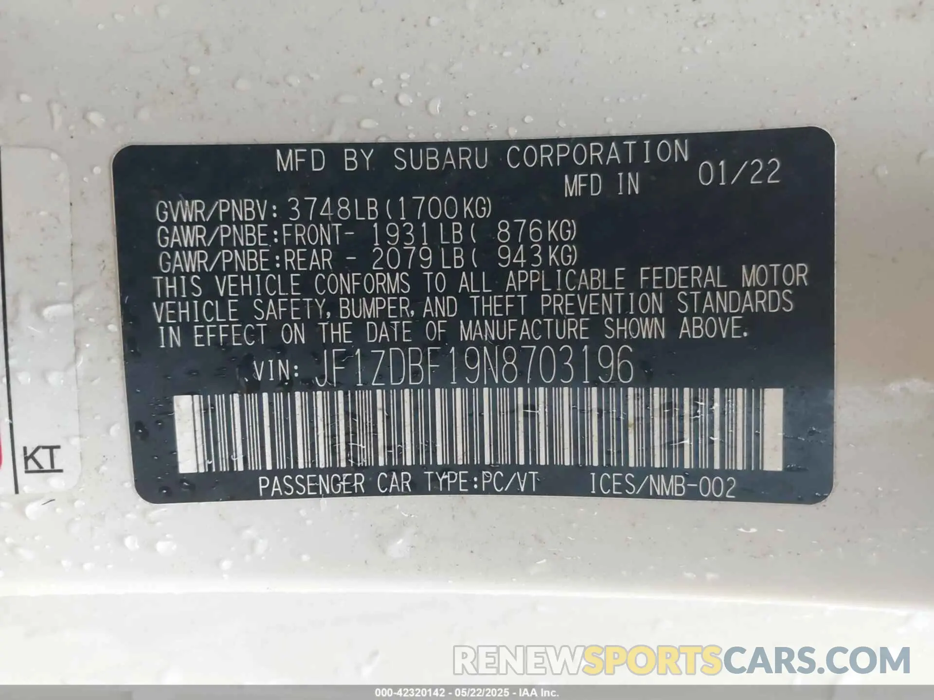 9 fotografías del automóvil dañado JF1ZDBF19N8703196 SUBARU BRZ 2022