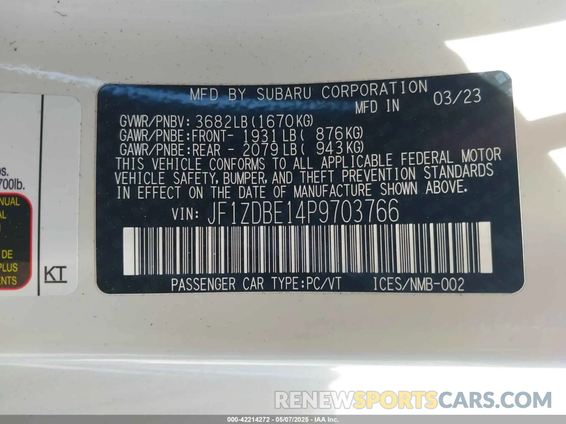 9 fotografías del automóvil dañado JF1ZDBE14P9703766 SUBARU BRZ 2023