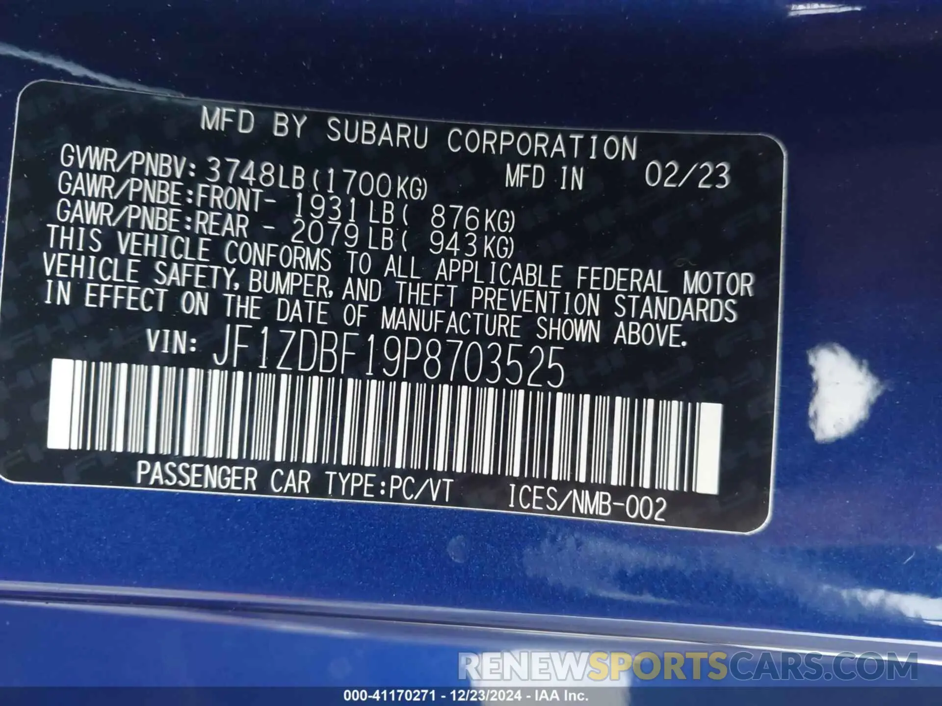 9 fotografías del automóvil dañado JF1ZDBF19P8703525 SUBARU BRZ 2023