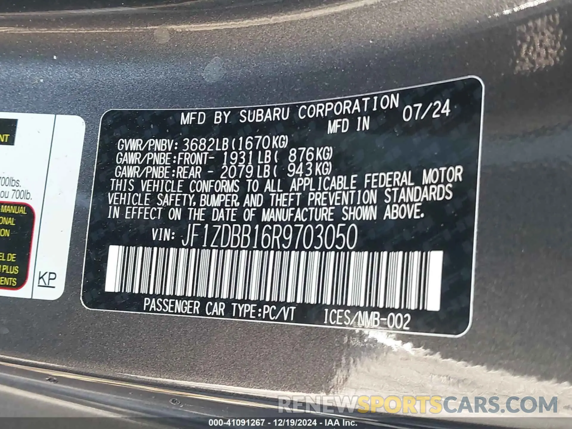 9 fotografías del automóvil dañado JF1ZDBB16R9703050 SUBARU BRZ 2024