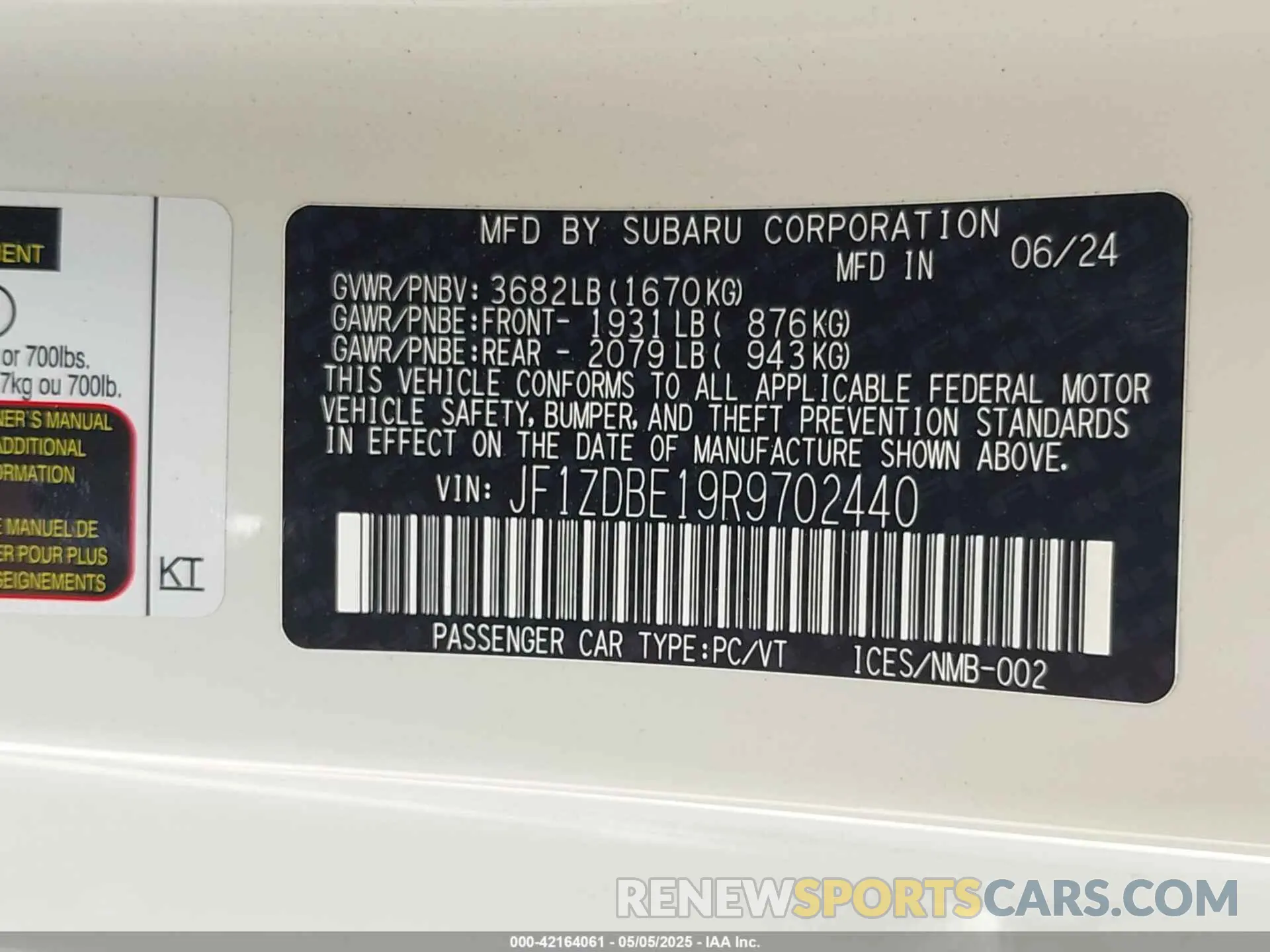 9 fotografías del automóvil dañado JF1ZDBE19R9702440 SUBARU BRZ 2024