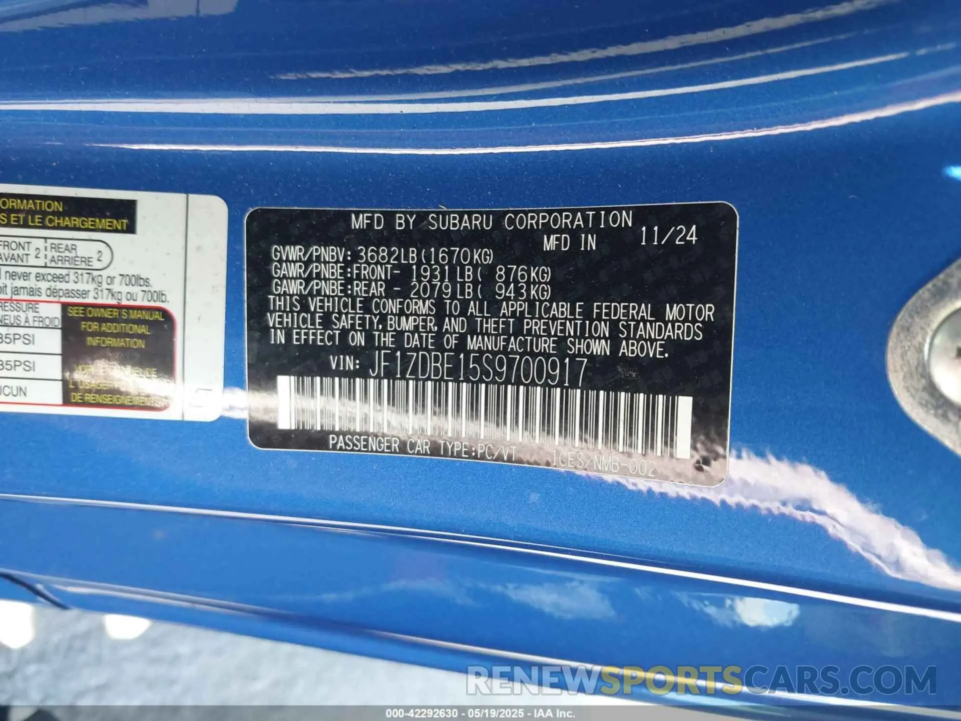 9 fotografías del automóvil dañado JF1ZDBE15S9700917 SUBARU BRZ 2025