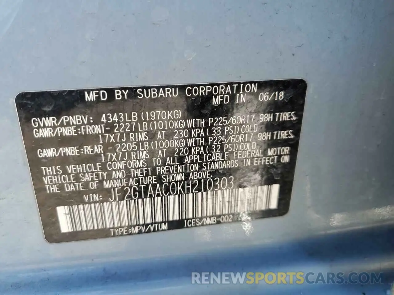 14 fotografías del automóvil dañado JF2GTAAC0KH210303 SUBARU CROSSTREK 2019