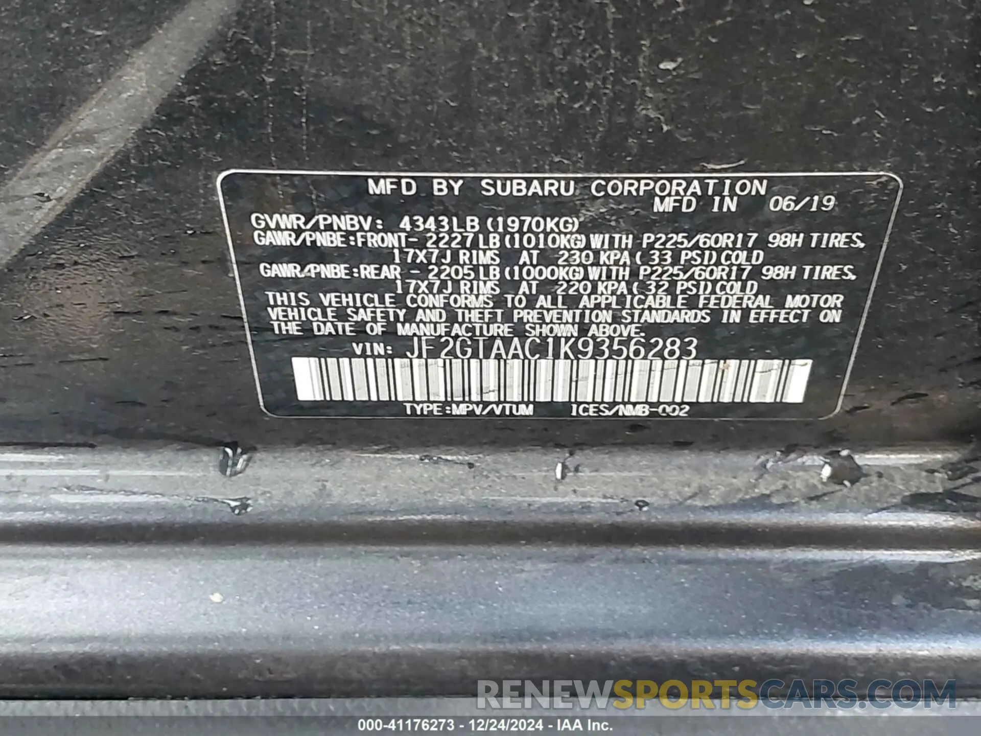 9 fotografías del automóvil dañado JF2GTAAC1K9356283 SUBARU CROSSTREK 2019