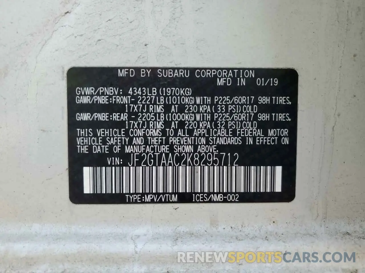 13 fotografías del automóvil dañado JF2GTAAC2K8295712 SUBARU CROSSTREK 2019
