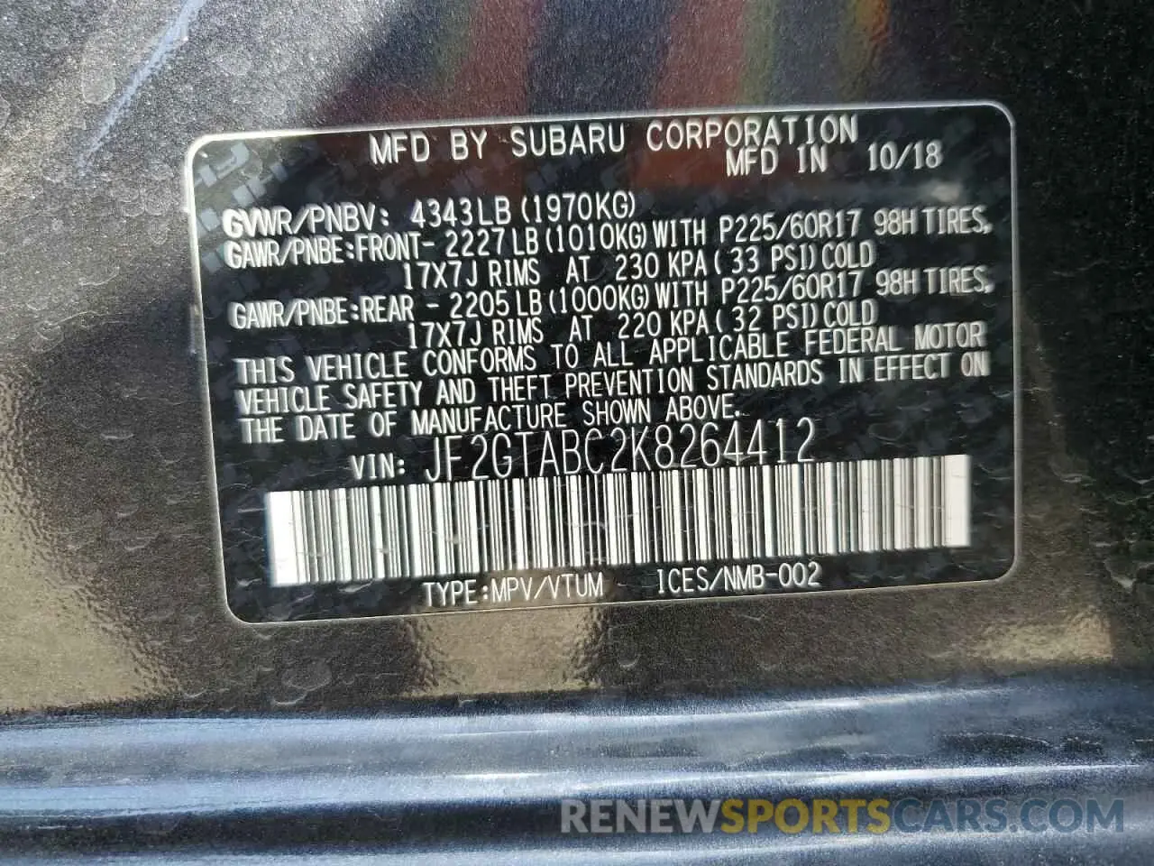 15 fotografías del automóvil dañado JF2GTABC2K8264412 SUBARU CROSSTREK 2019