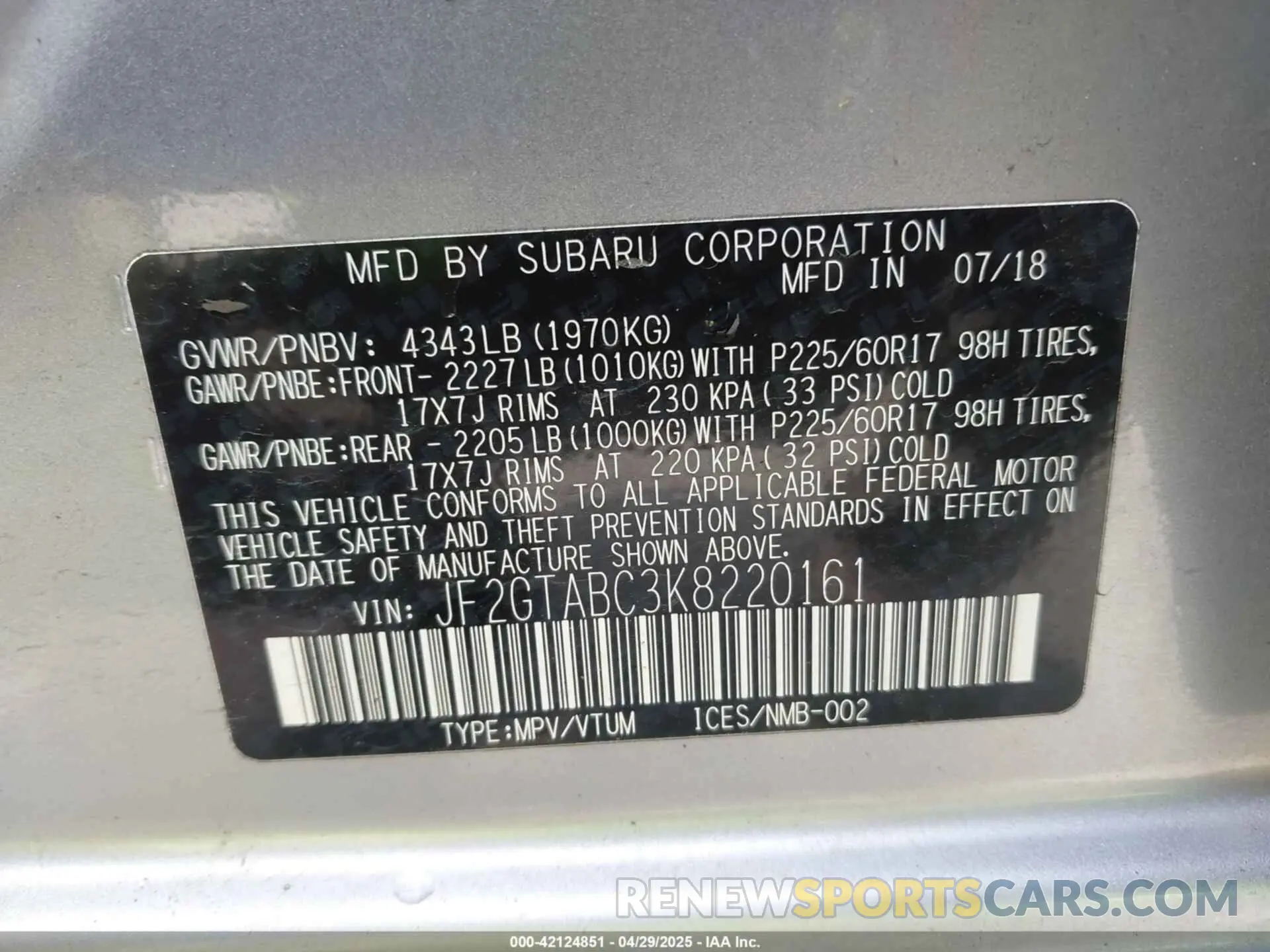 9 fotografías del automóvil dañado JF2GTABC3K8220161 SUBARU CROSSTREK 2019