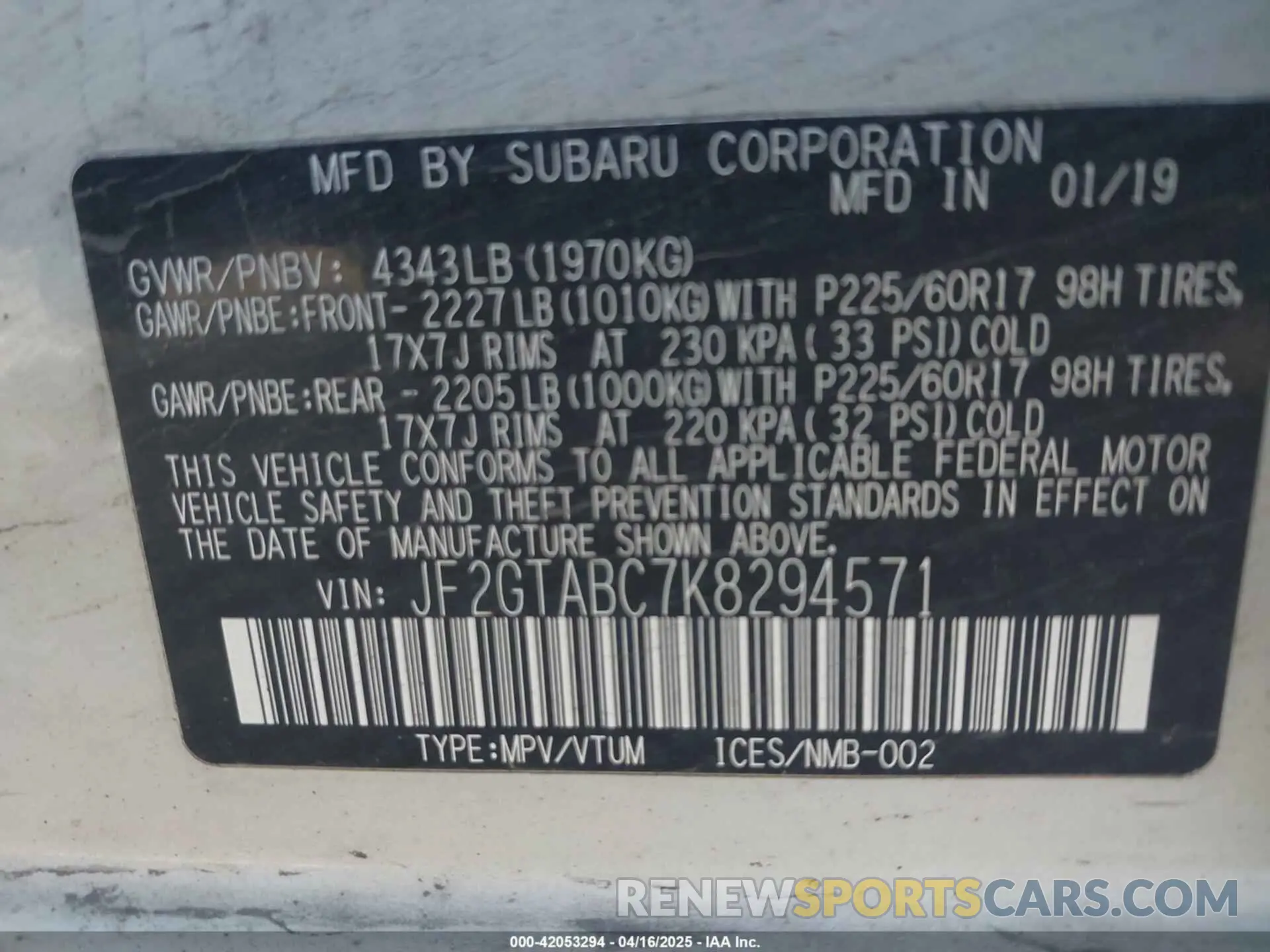 9 fotografías del automóvil dañado JF2GTABC7K8294571 SUBARU CROSSTREK 2019