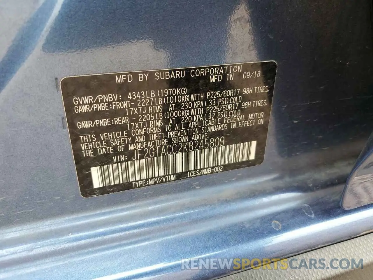 15 fotografías del automóvil dañado JF2GTACC2K8245809 SUBARU CROSSTREK 2019