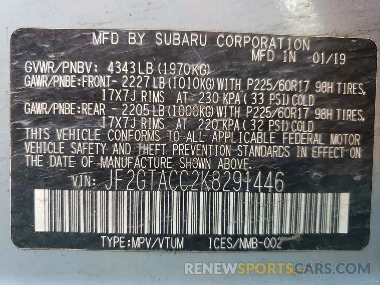 12 fotografías del automóvil dañado JF2GTACC2K8291446 SUBARU CROSSTREK 2019