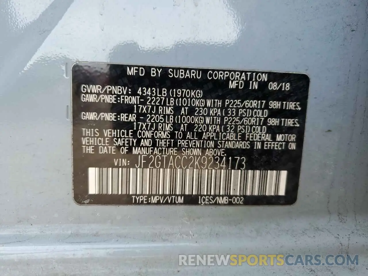 14 fotografías del automóvil dañado JF2GTACC2K9234173 SUBARU CROSSTREK 2019