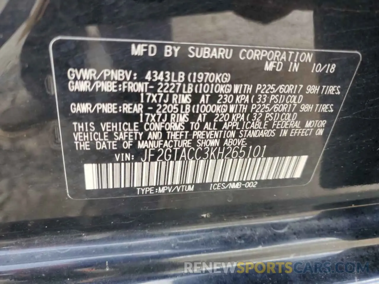 13 fotografías del automóvil dañado JF2GTACC3KH265101 SUBARU CROSSTREK 2019