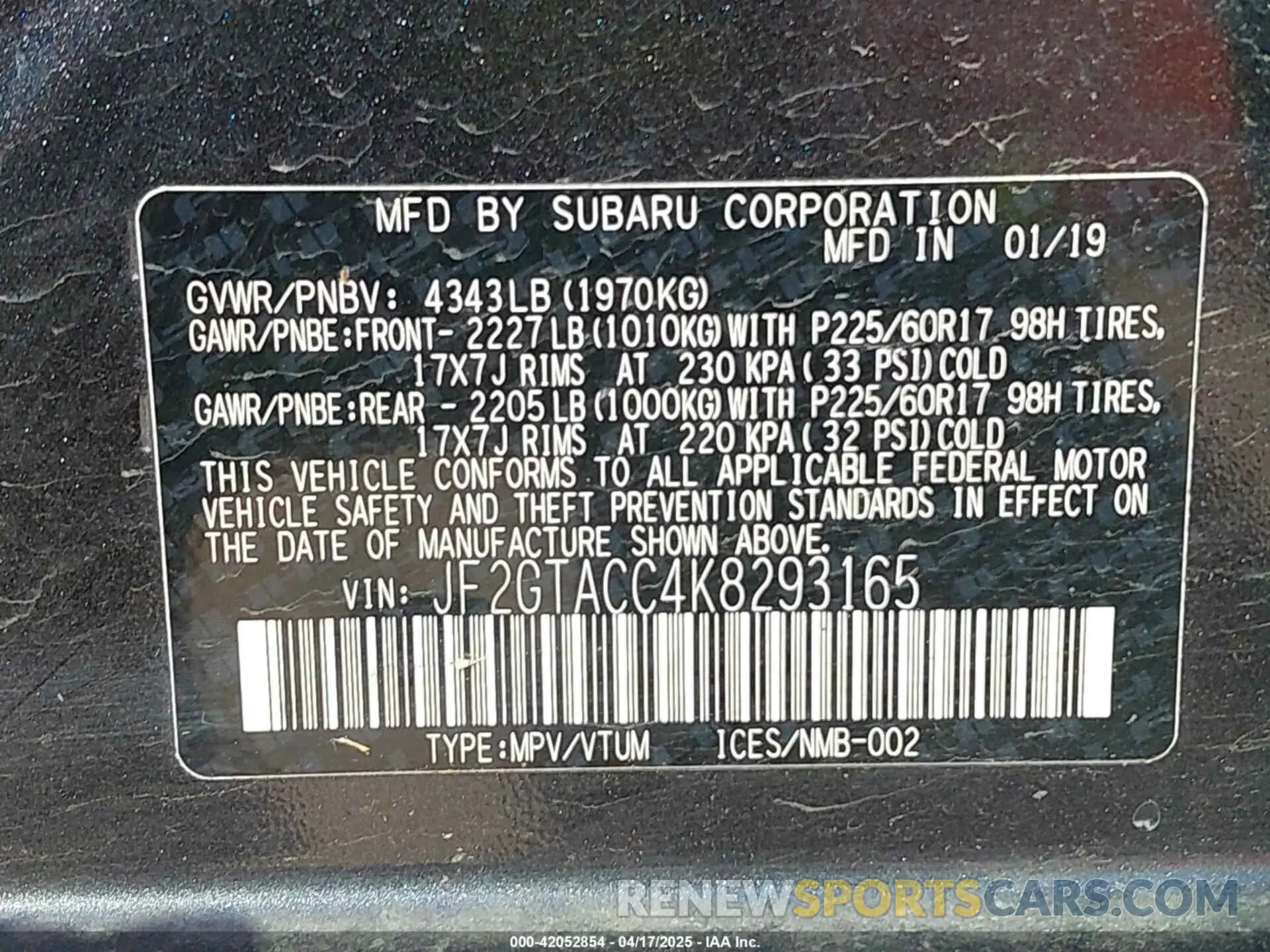 9 fotografías del automóvil dañado JF2GTACC4K8293165 SUBARU CROSSTREK 2019