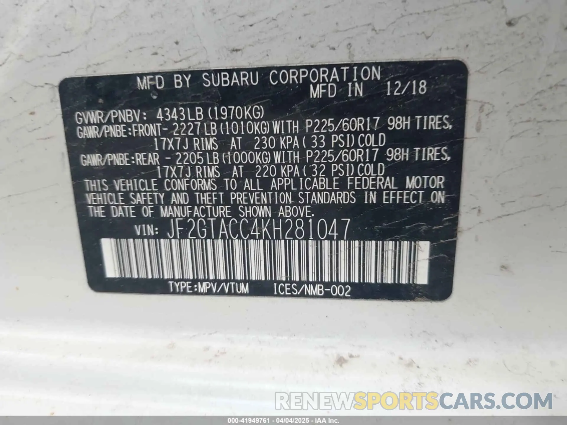 9 fotografías del automóvil dañado JF2GTACC4KH281047 SUBARU CROSSTREK 2019