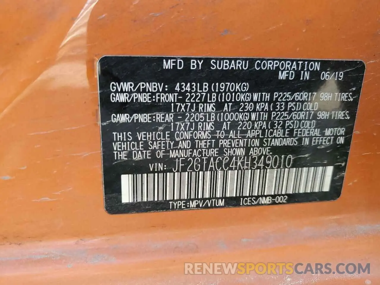 14 fotografías del automóvil dañado JF2GTACC4KH349010 SUBARU CROSSTREK 2019